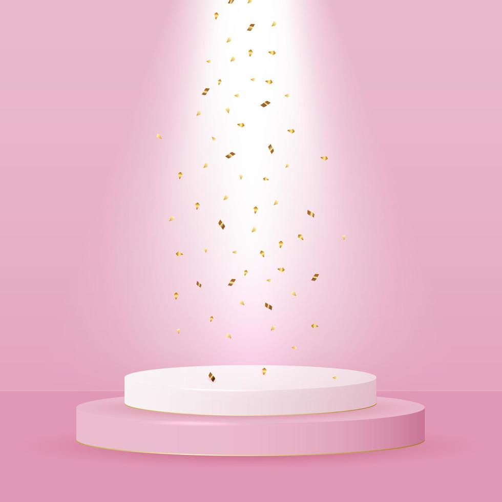 Round stage podium illuminated with light. Stage vector backdrop. Festive podium scene for award ceremony on pink background. Vector white pedestal for product presentation.