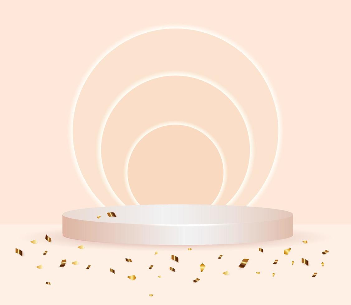 Round light podium on peach backlit background with light and confetti . Vector white pedestal for product presentation.3d podium.