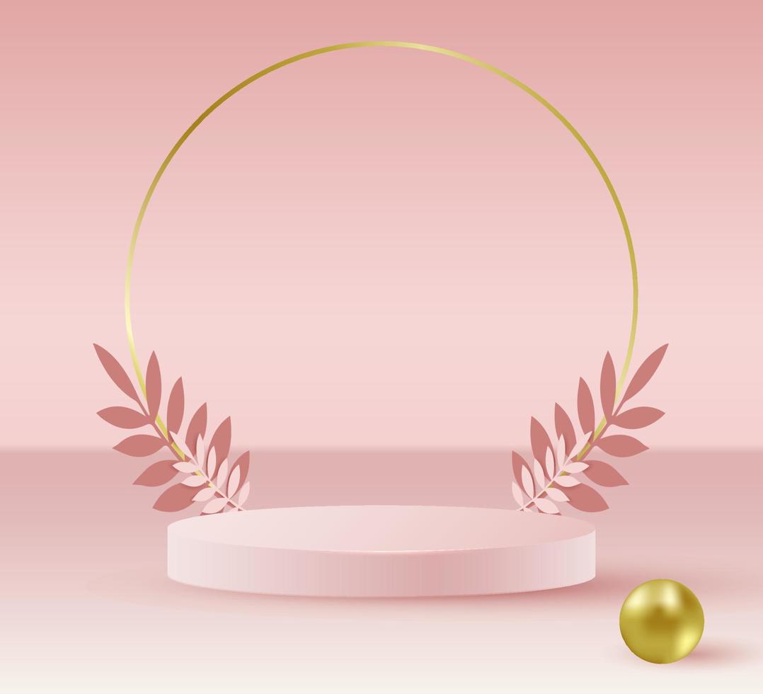 minimal scene with geometrical forms. Cylinder podiums in soft pink background with paper leaves on column. Scene to show cosmetic productwith golden elements , display case. 3d vector illustration.