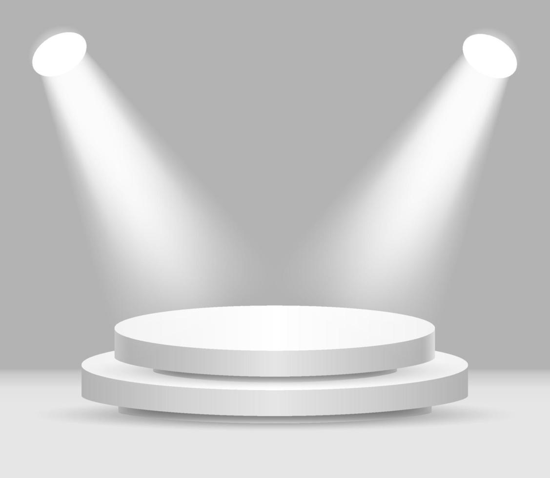 Round white stage podium illuminated with light. Vector white pedestal for product presentation.3d podium on the background of a concrete wall