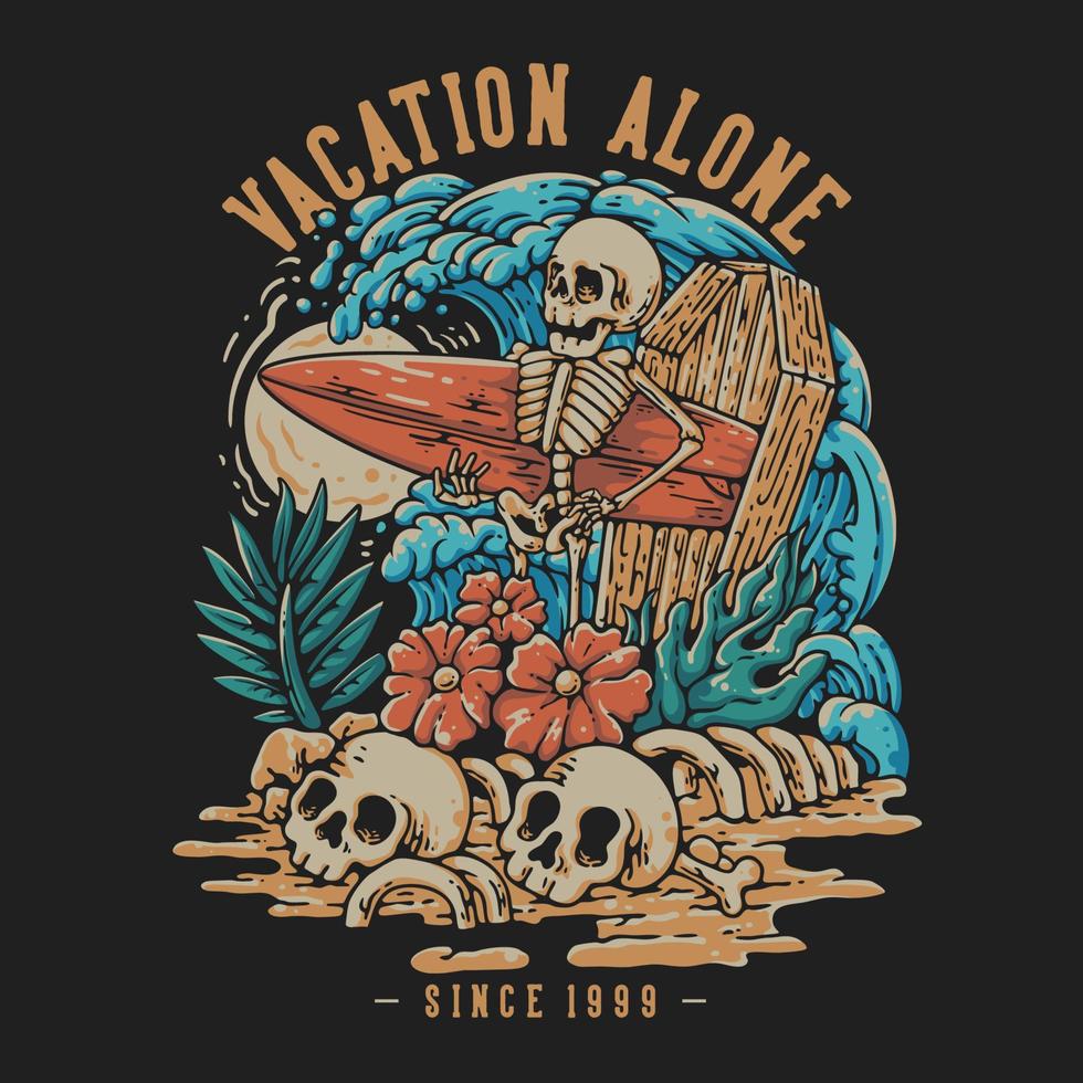 t camisa diseño vacaciones solo con esqueleto que lleva surf tablero Clásico ilustración vector