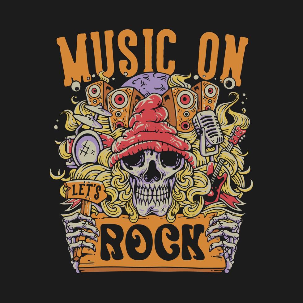 T Shirt Design Music On Let's Rock With Skull Head And Music Doodles Vintage Illustration vector