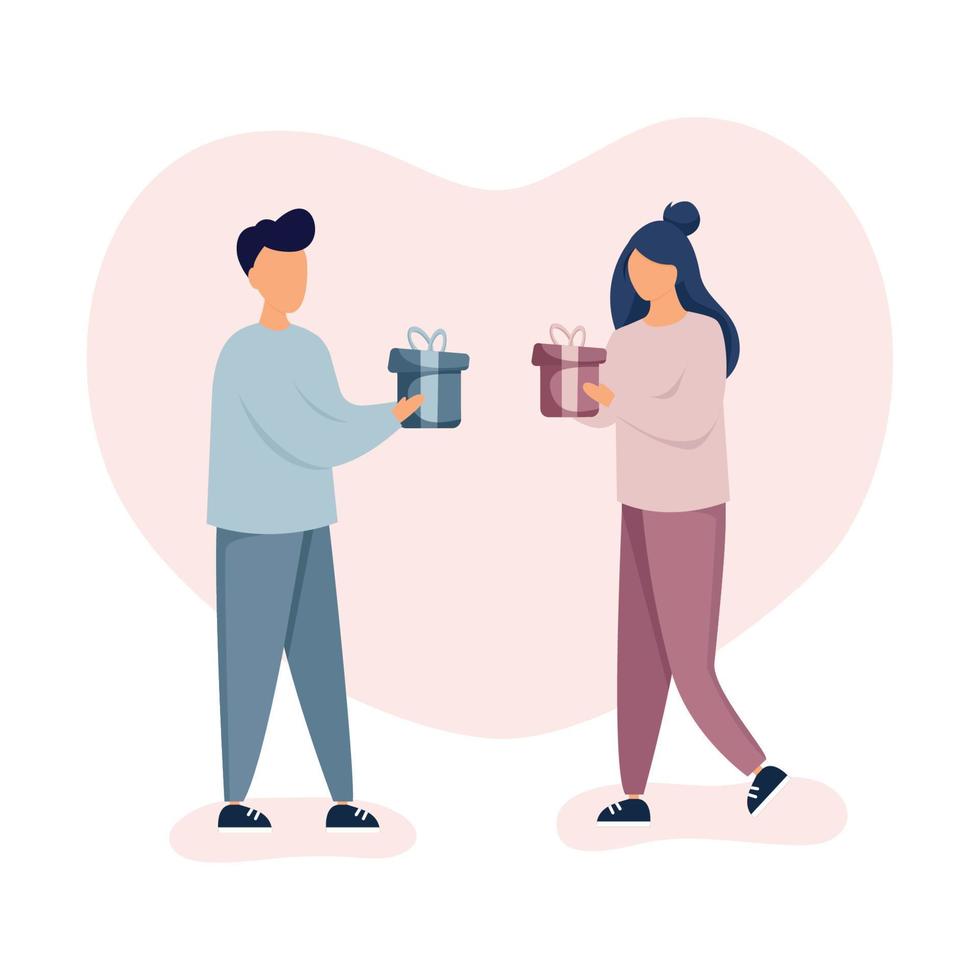 Happy Birthday concept. Young man and woman gives gifts for each other. vector