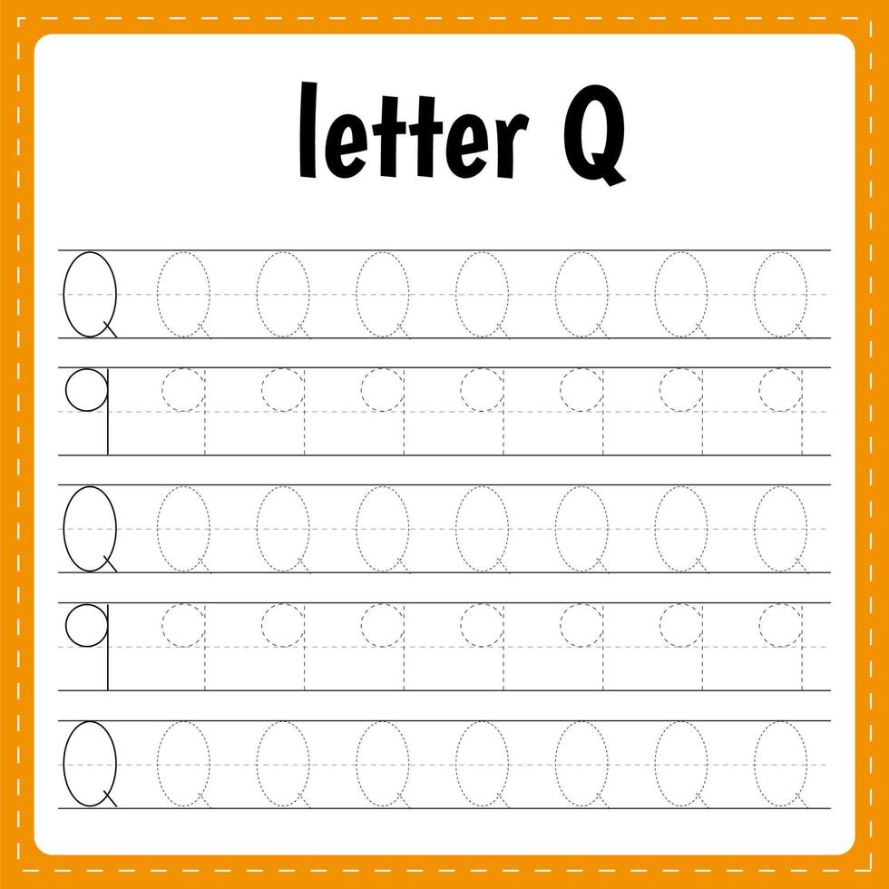 Writing letters. Tracing page. Practice sheet. Worksheet for kids. Learn alphabet. Letter Q vector
