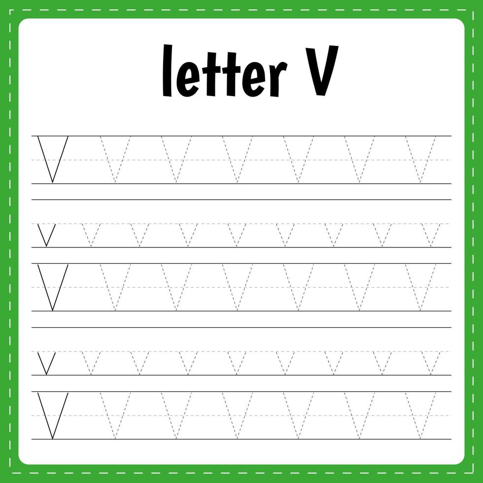 Writing letters. Tracing page. Practice sheet. Worksheet for kids. Learn alphabet. Letter V vector
