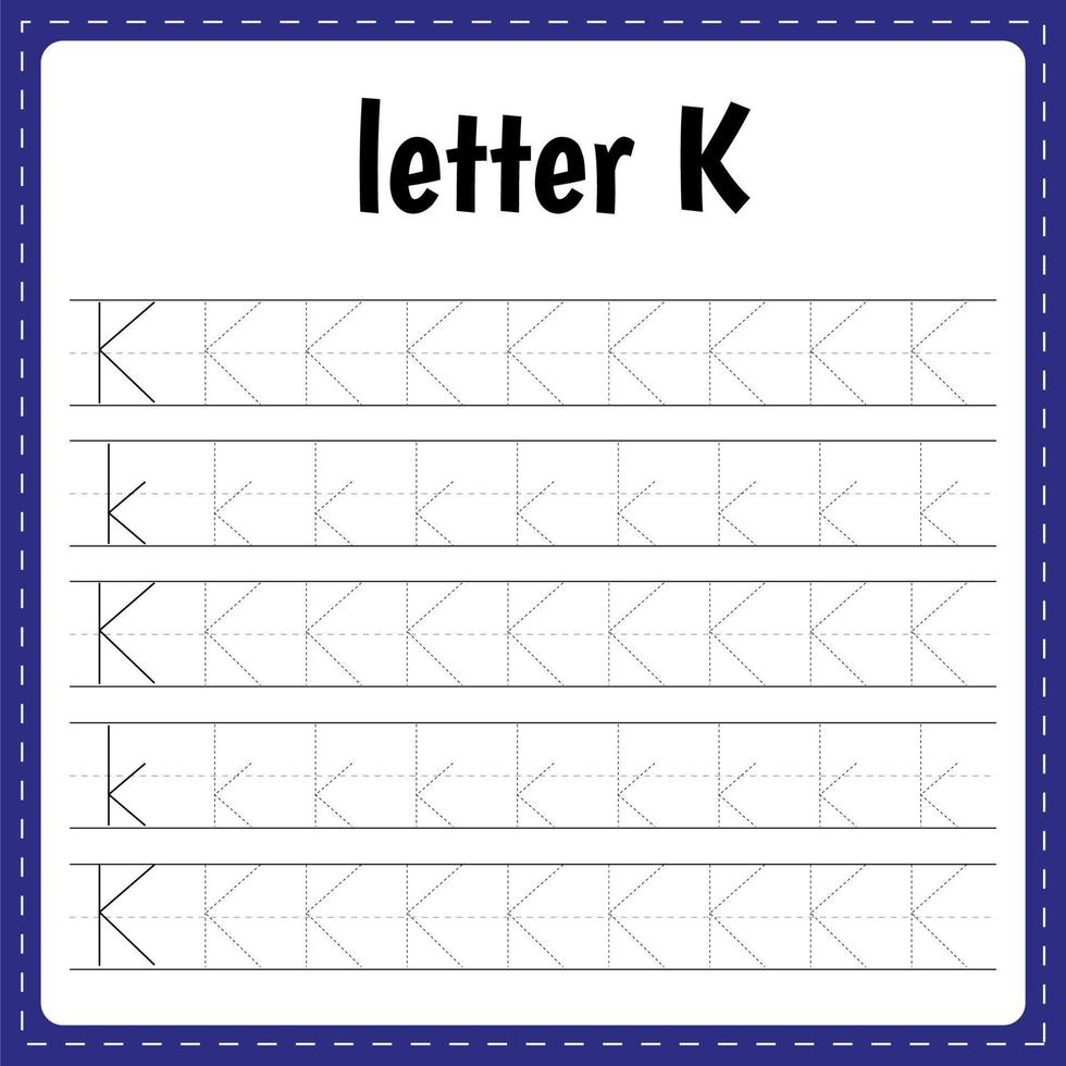 Writing letters. Tracing page. Practice sheet. Worksheet for kids. Learn alphabet. Letter K vector