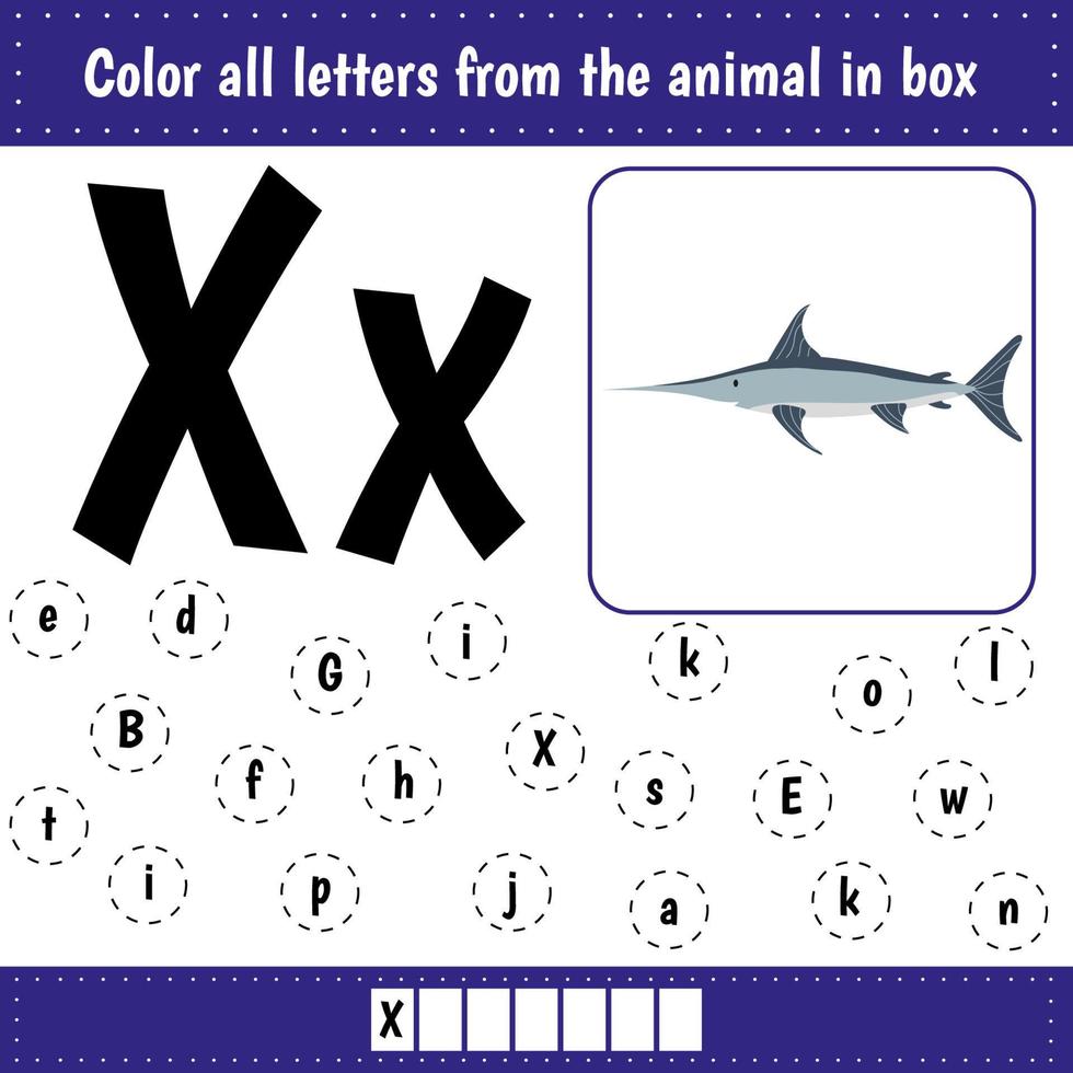 Learning English alphabet. Letters recognition. Color all letters Xx. Educational worksheet for school and kindergarten. X is for xiphias. vector