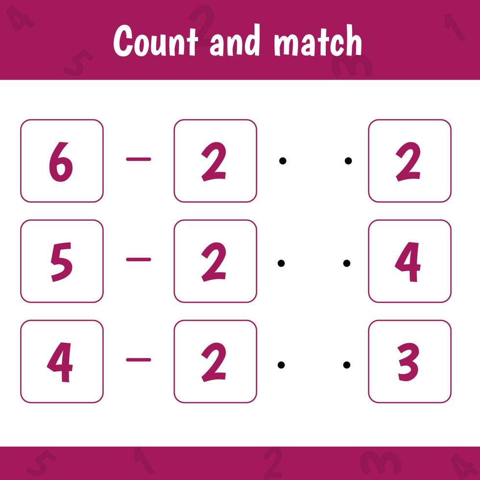 Educational worksheet for preschool kids. Count and match. Math game for children. vector