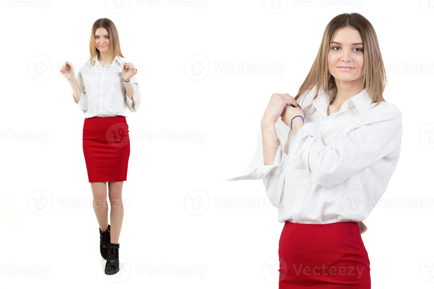 Collage girl in a white blouse and a red skirt in full growth and close-up on a white background. photo