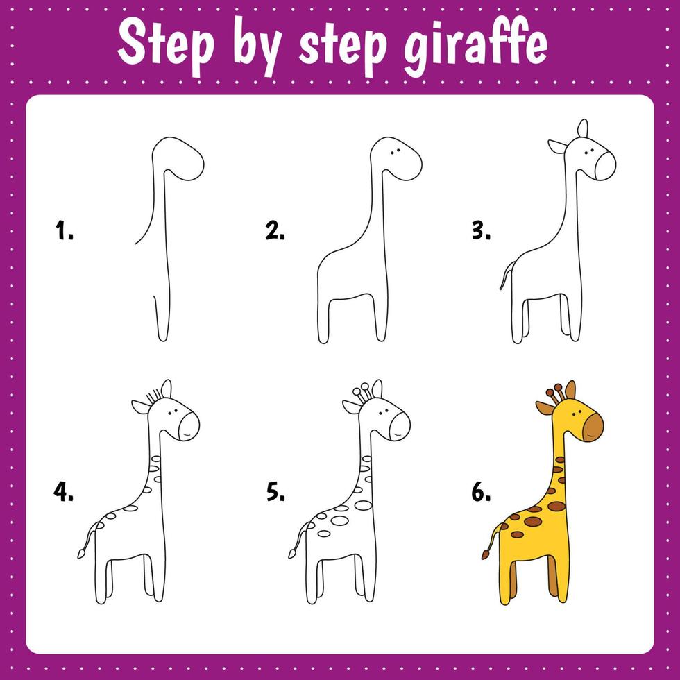 girafee step. Drawing lesson for children.  Drawing tutorial. Step by step repeats the picture. Kids activity art page for book. Vector illustration.