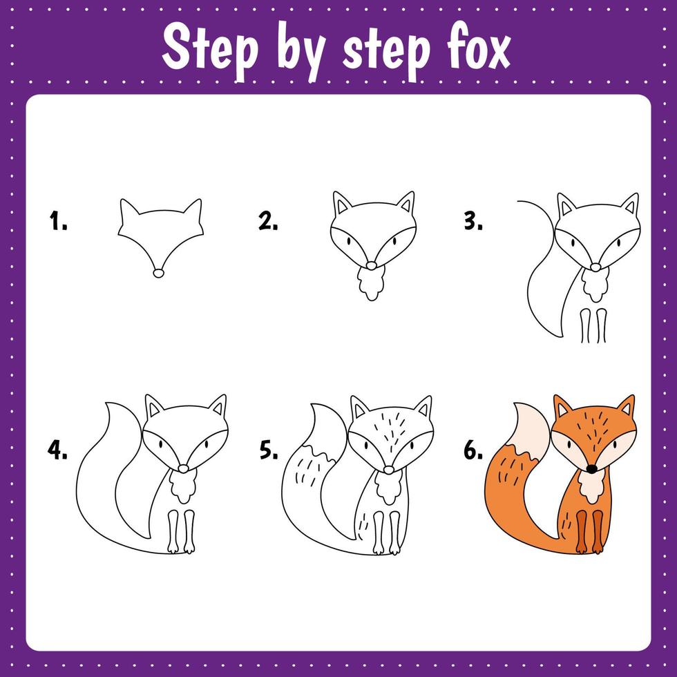 Drawing lesson for children.  Drawing tutorial with fox Step by step repeats the picture. Kids activity art page for book. Vector illustration.