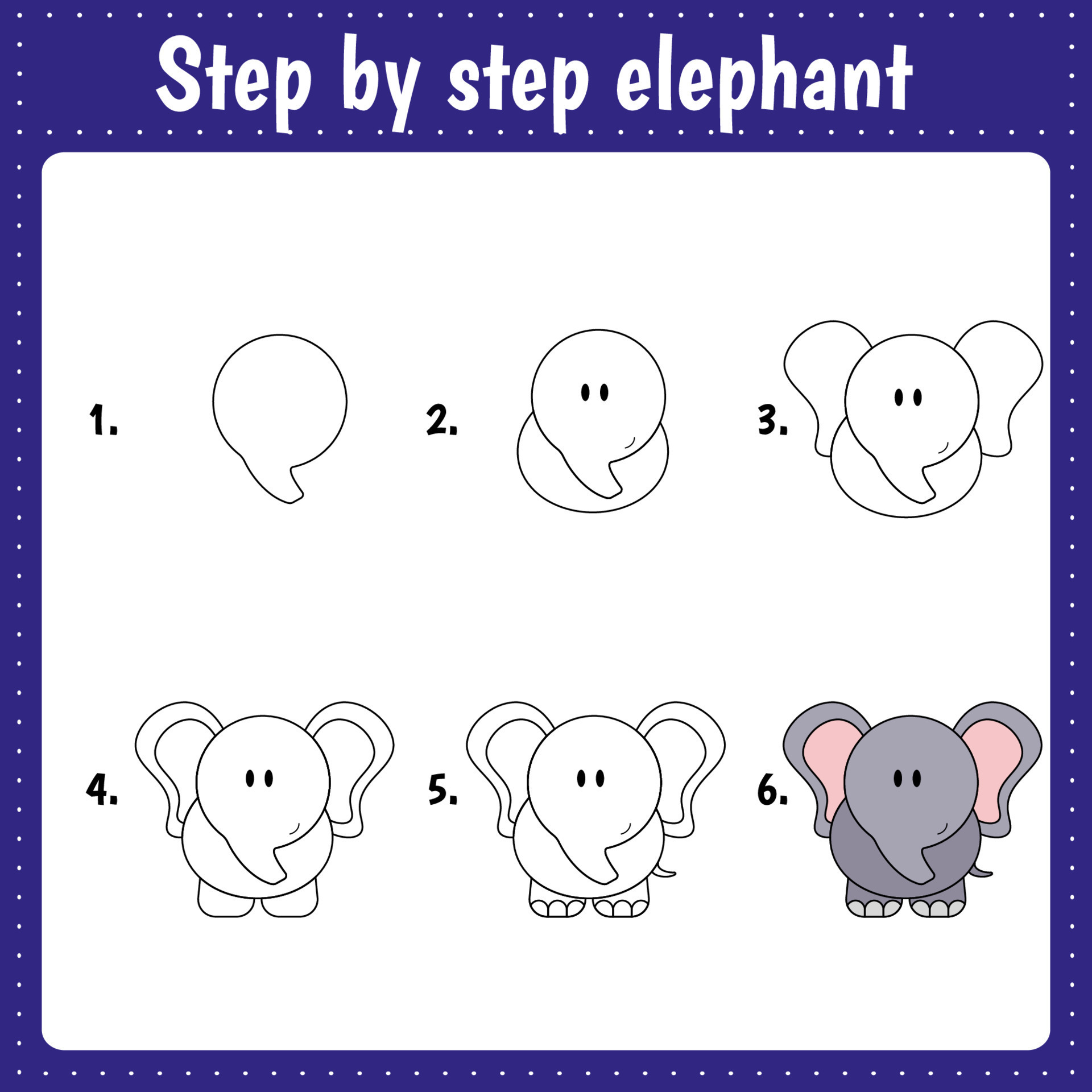 Drawing lesson for children. Drawing tutorial with elephant Step by ...