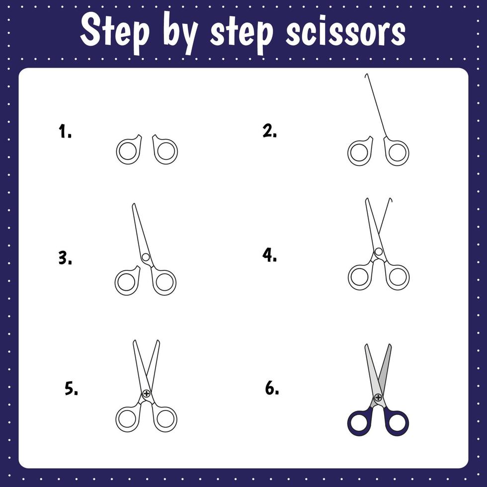 Drawing lesson for children. How draw a scissors. Drawing tutorial. Step by step repeats the