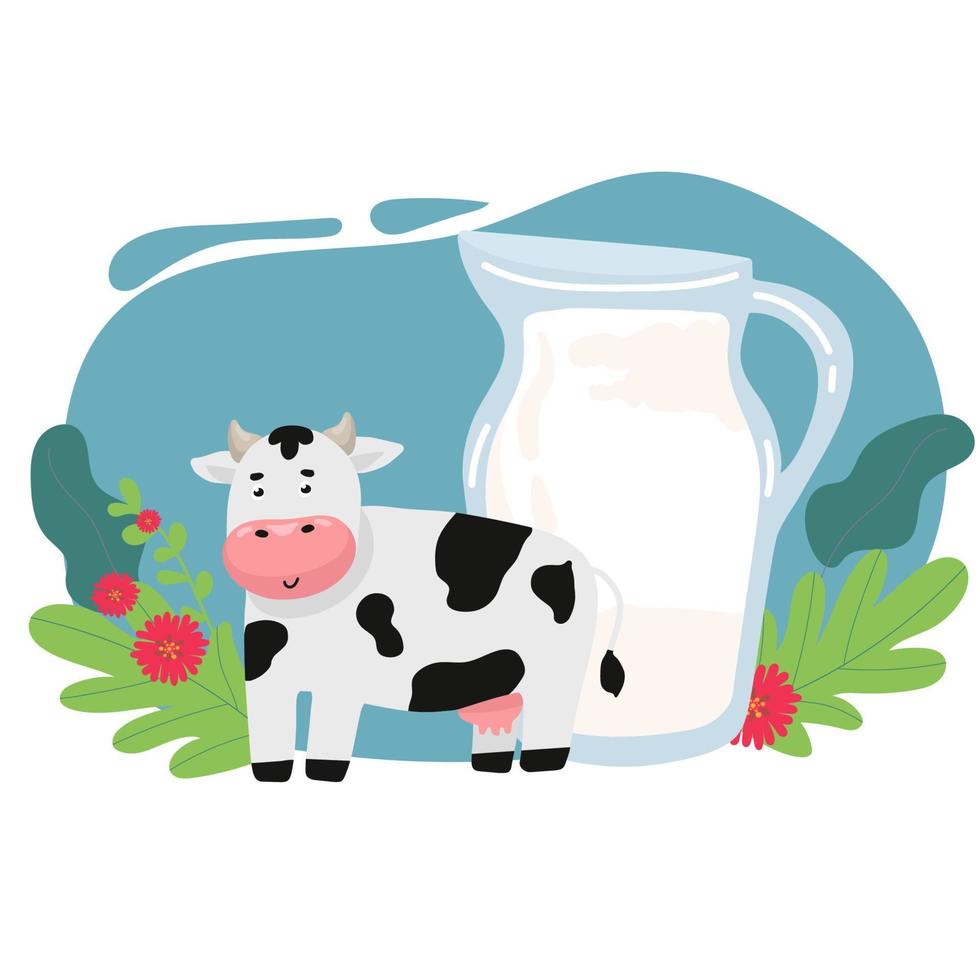 conjunto linda Leche producto con vaca mano dibujo vector