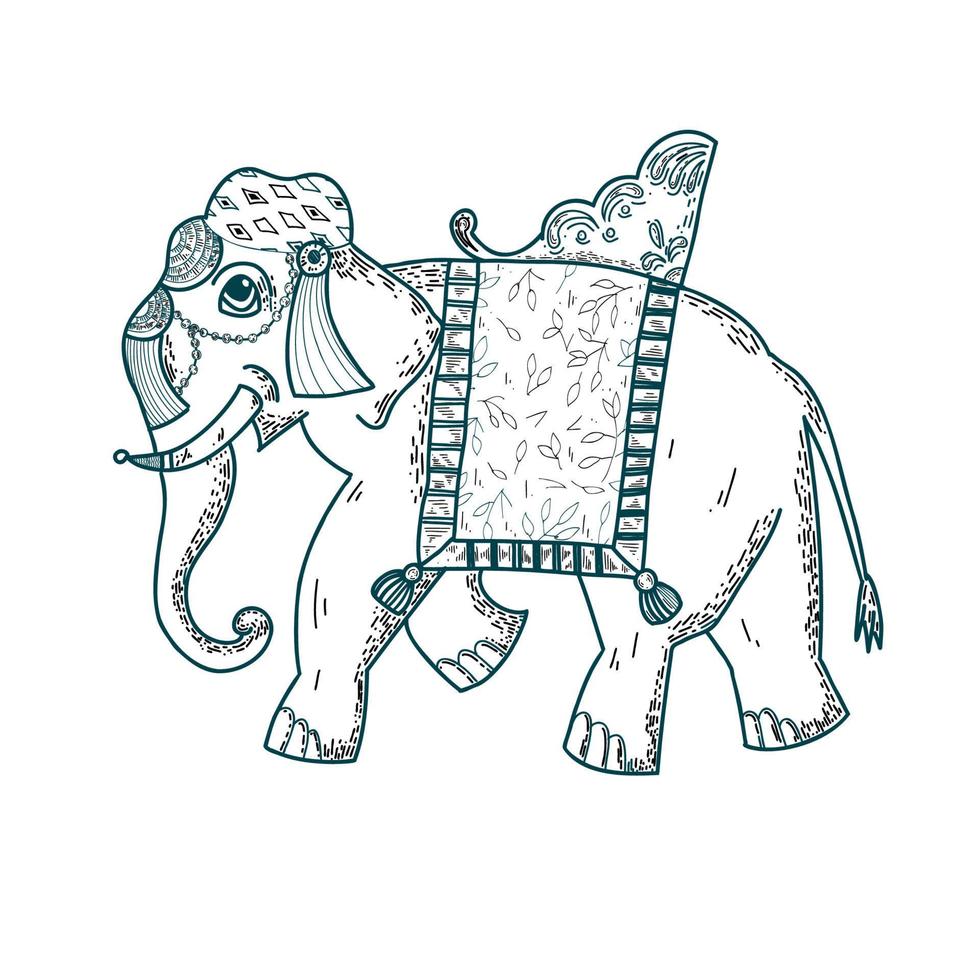 Indian elephant hand-drawn in vector on white background. Suitable for textile design, postcards, scrapbooking.