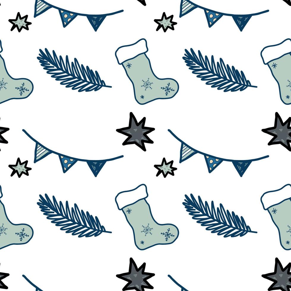 Seamless pattern of vector elements on a Christmas theme. Socks, fir branches, garlands and stars are drawn manually in the vector. Suitable for holiday decor, decoration of invitations, gift paper.