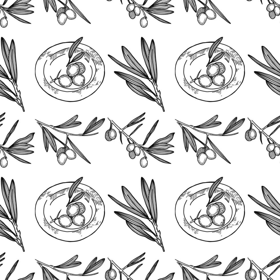 Seamless pattern with olive branches, olives, a plate of olives drawn in vector on a white background. Suitable for menu design, kitchen decoration, scrapbooking.