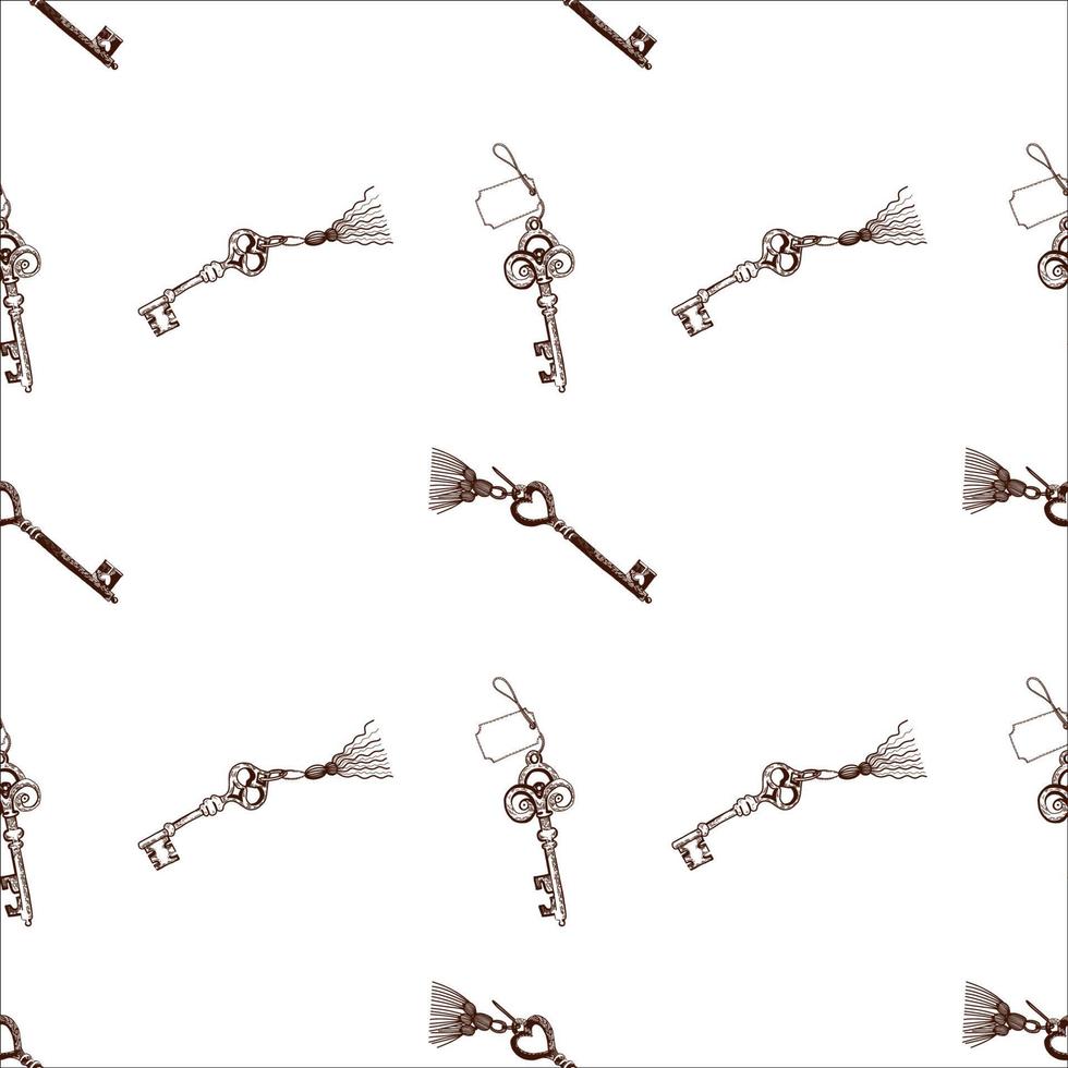 Seamless pattern on a white background with hand-drawn antique keys in vector. The keys are drawn in dark brown. Suitable for printing design, scrapbooking. vector