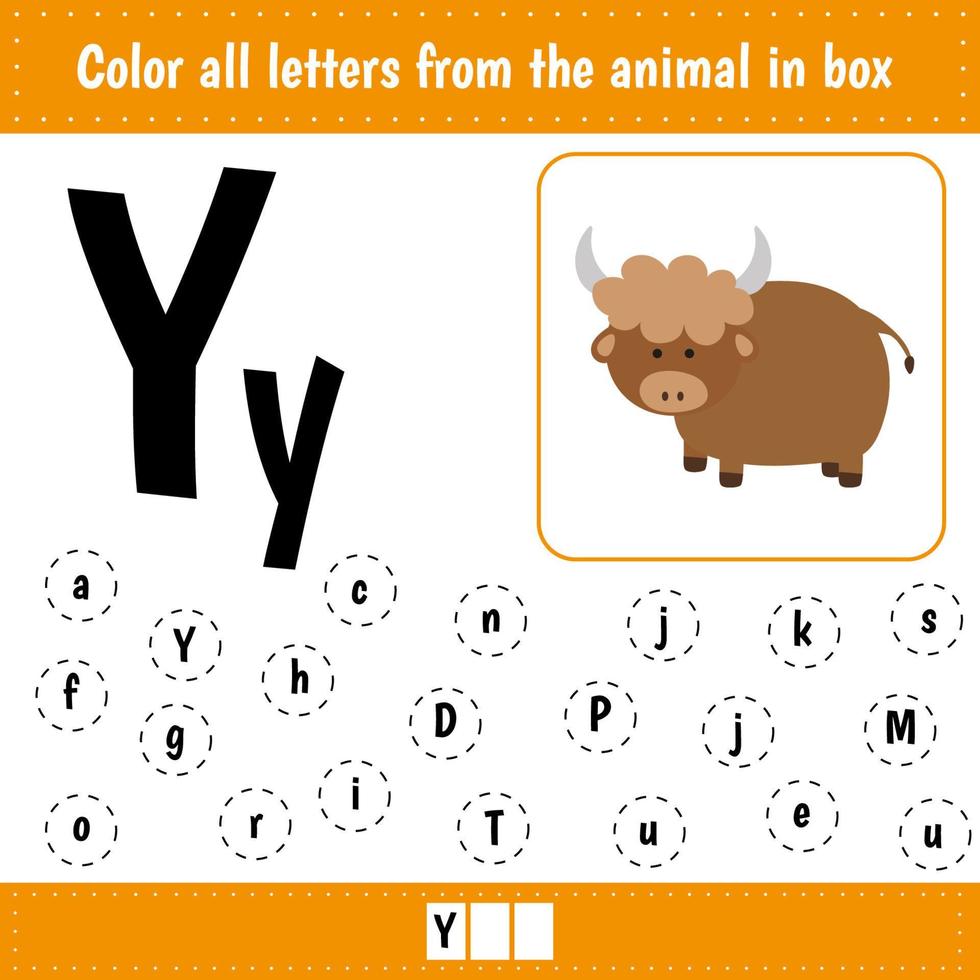 Learning English alphabet. Letters recognition. Color all letters Yy. Educational worksheet for school and kindergarten. Y is for yak. vector