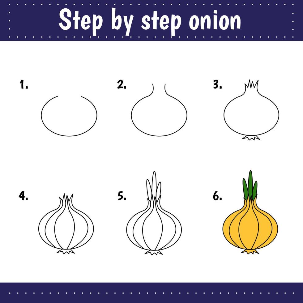 Step by step drawing onion. Preschool activity for kids. Educational sheets vector