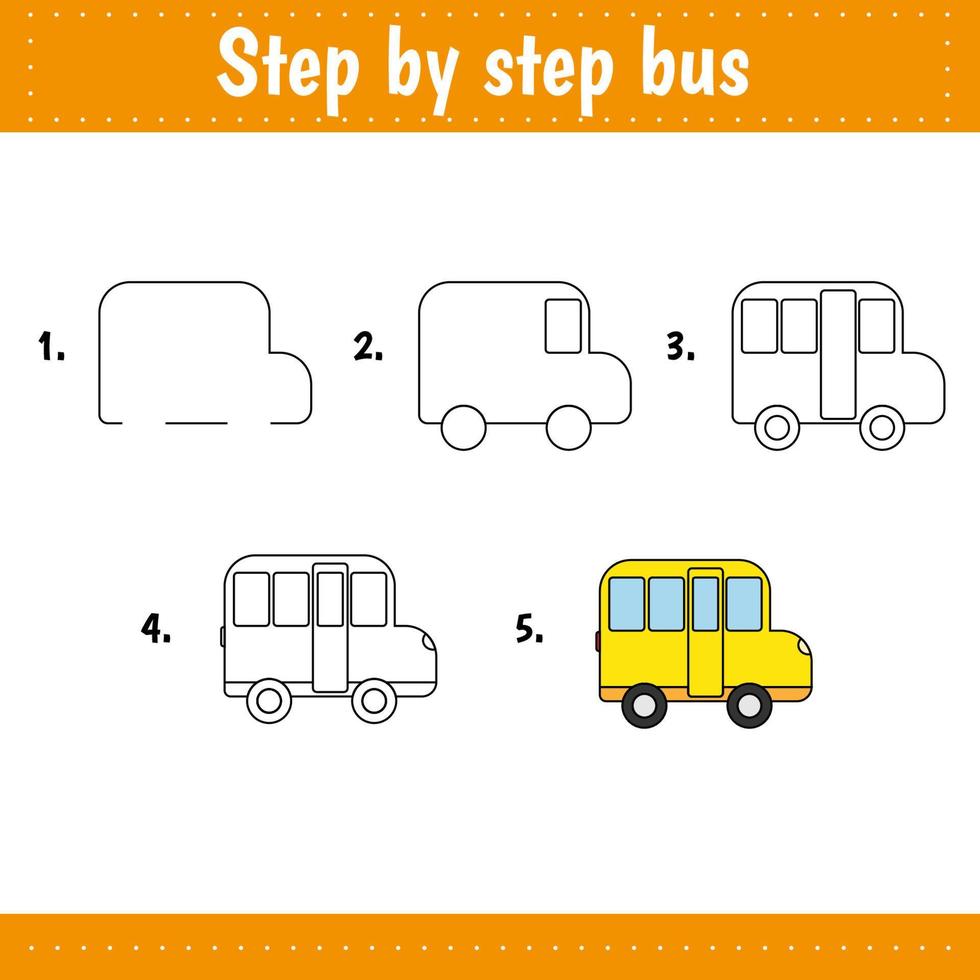 Educational logical game for kids. Step by step drawing sheets. Activity page for children. Bus vector