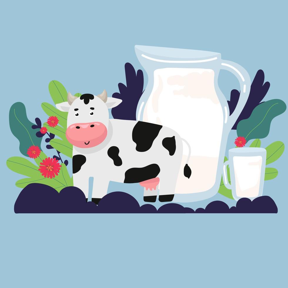 conjunto linda Leche producto con vaca mano dibujo vector