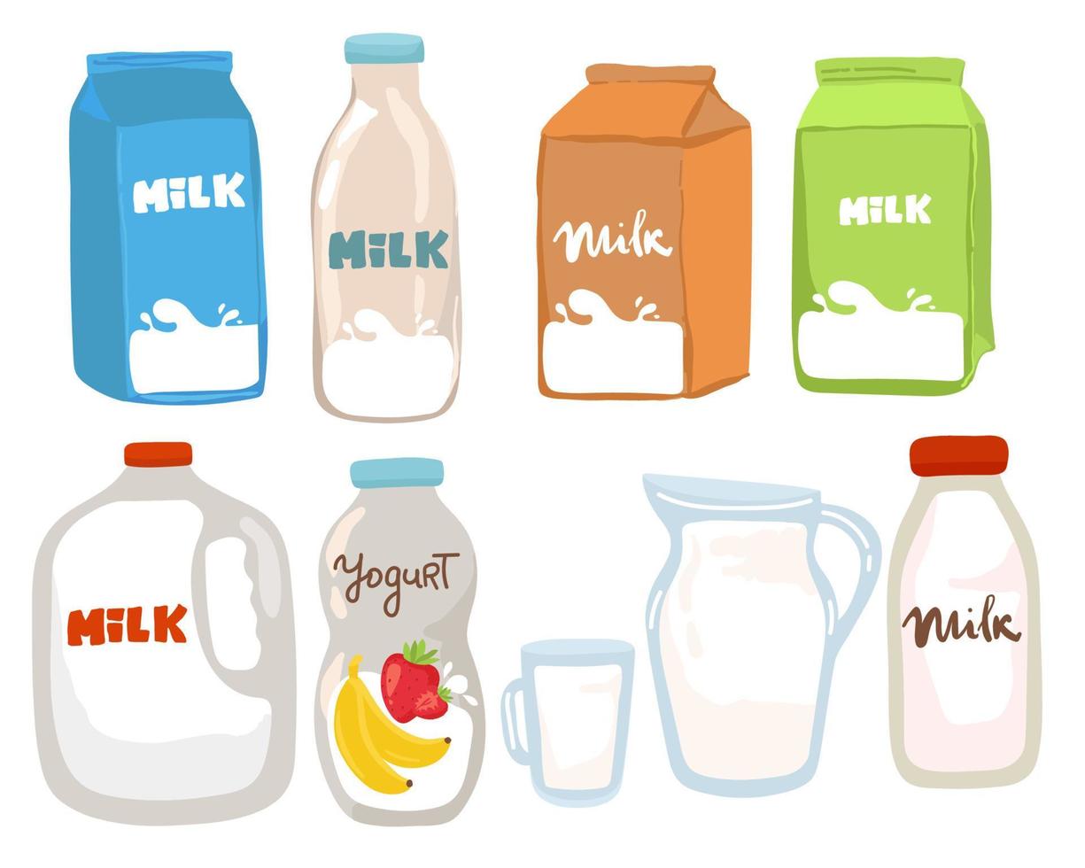 Milk boxes set Vector realistic. Collection of regular milk, oats, soy, rice and almond milk. Realistic illustration sets.