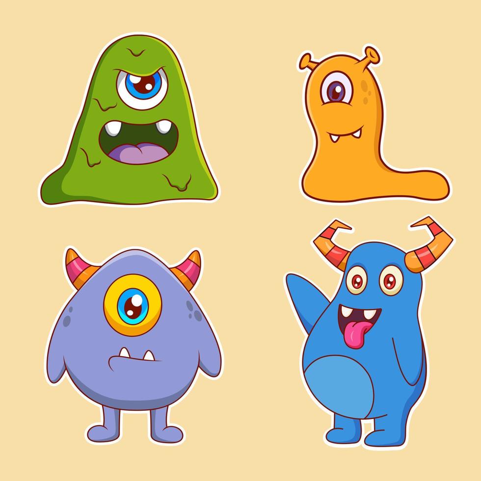 Collection of cute monster cartoon sticker illustrations vector