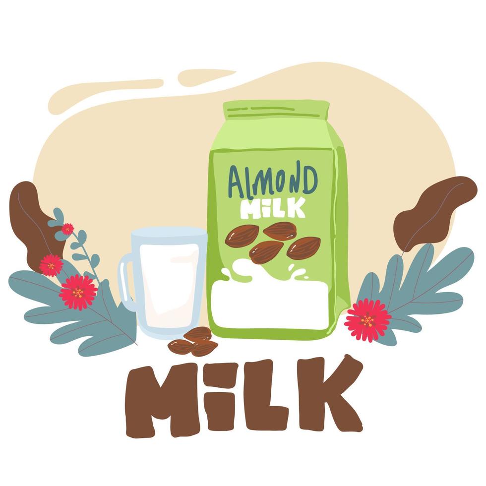 Isolated almond milk in paper package with liquid splash and nuts, natural drink branding on carton container with lid, advertising of vegan liquid for nutrition. Dairy packaging and advertising vector