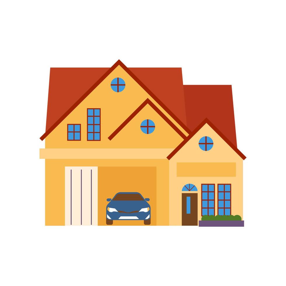 Simple house with the garage containing a parked car. House with yellow paint. vector