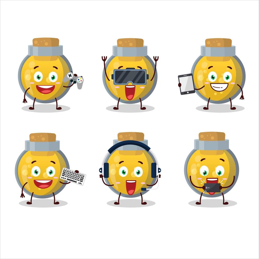 dorado poción dibujos animados personaje son jugando juegos con varios linda emoticones vector