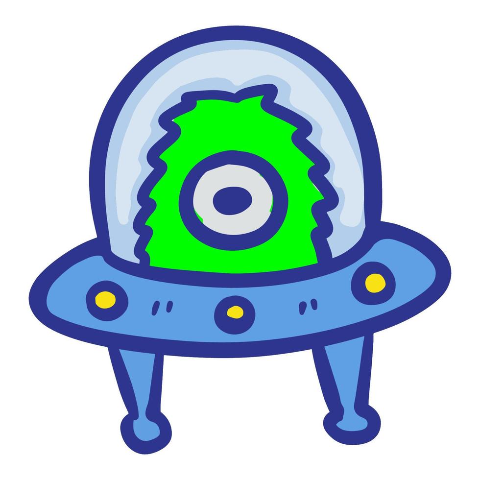 Hand drawn funny little monster in ufo cartoon illustration isolated on white vector