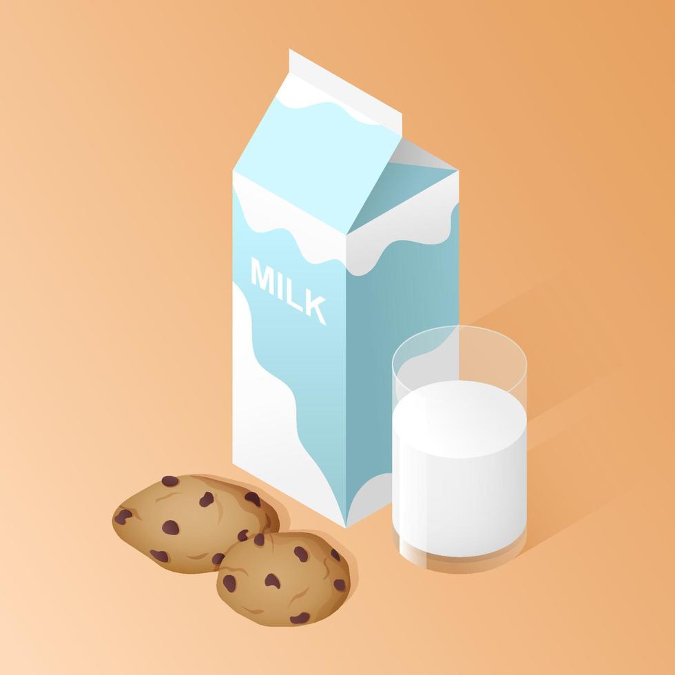 Isometric milk carton box, glass of milk and chocolate chip cookies. Vector illustration
