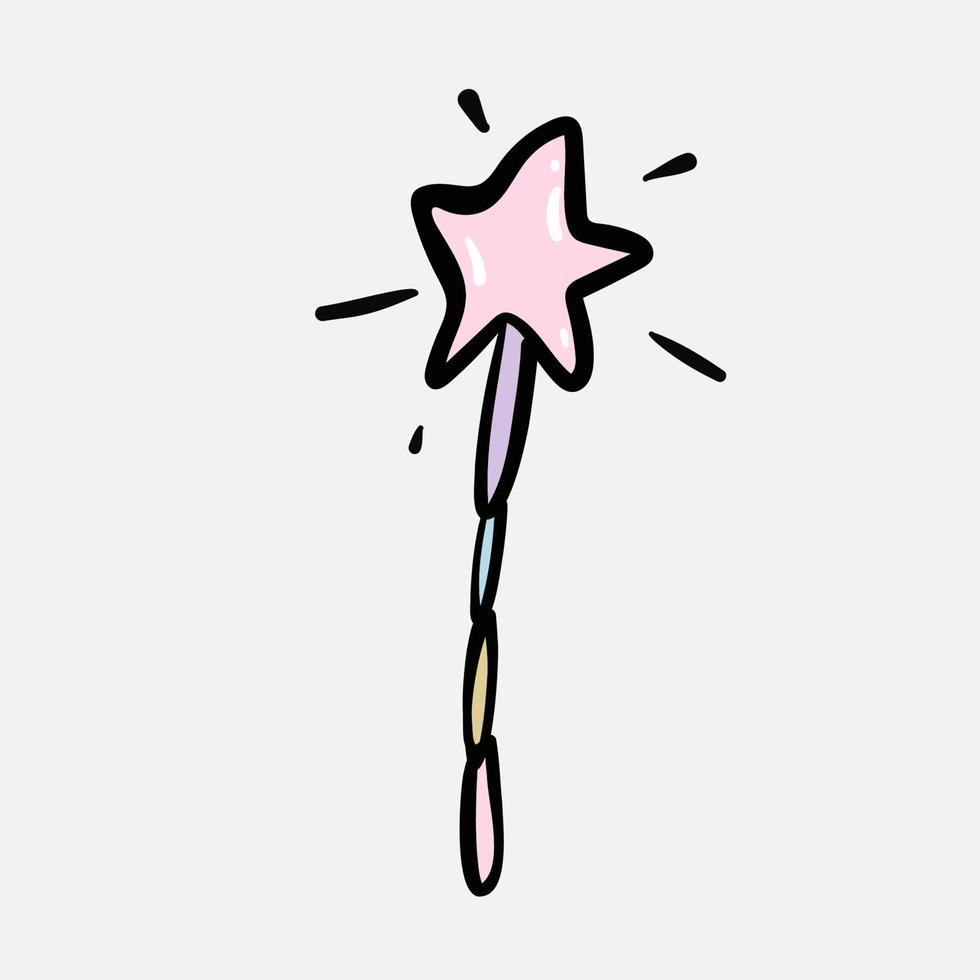 Pink star shaped magic wand with shiny sparkles. Magical wand, stick, doodle hand drawn vector illustration, isolated