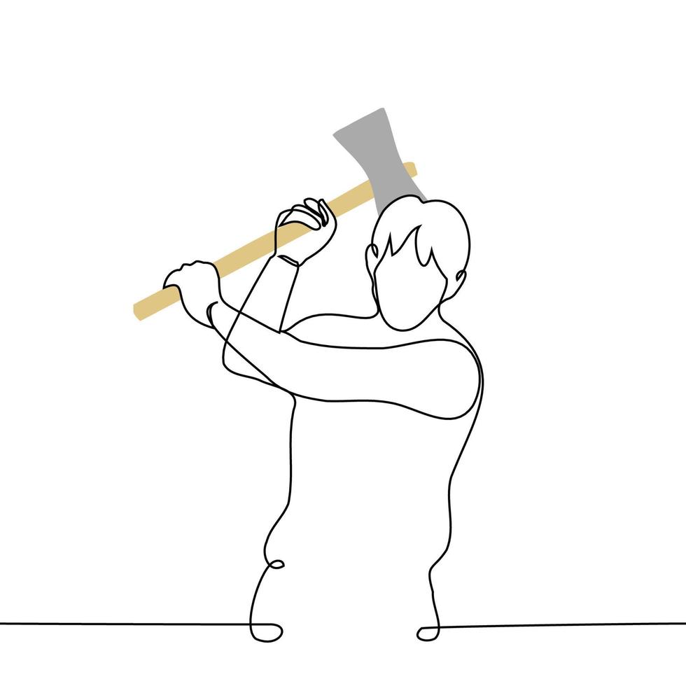 man stands with an ax raised to strike - one line drawing vector. the concept to chop wood, attack with an ax vector