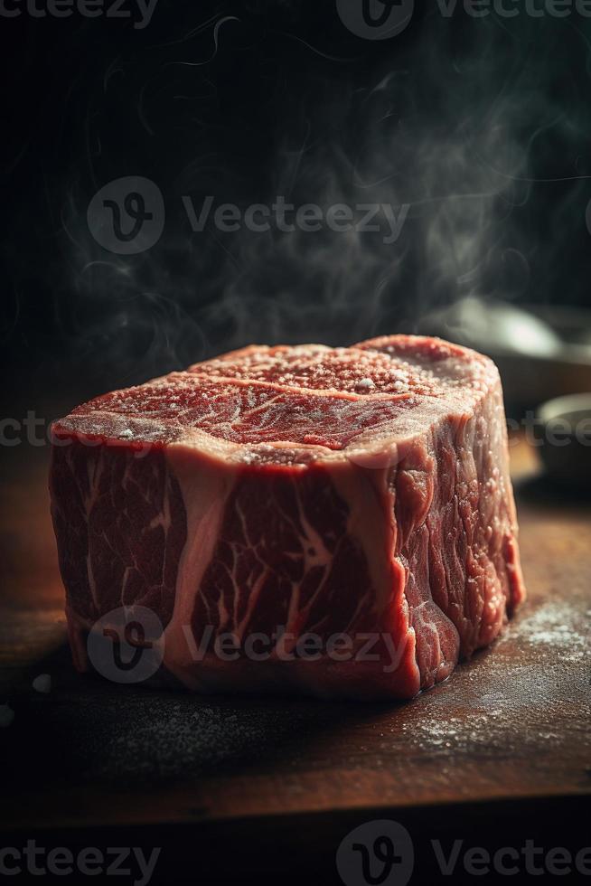 Raw beef steak on cutting board with herbs and spices on wooden background photo