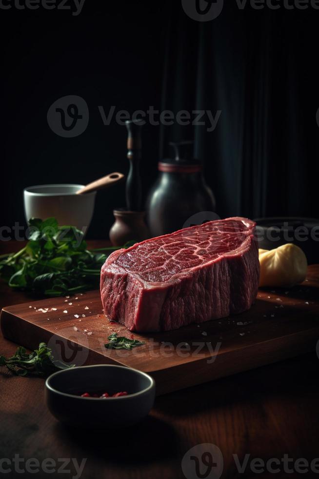 Raw beef steak on cutting board with herbs and spices on wooden background photo