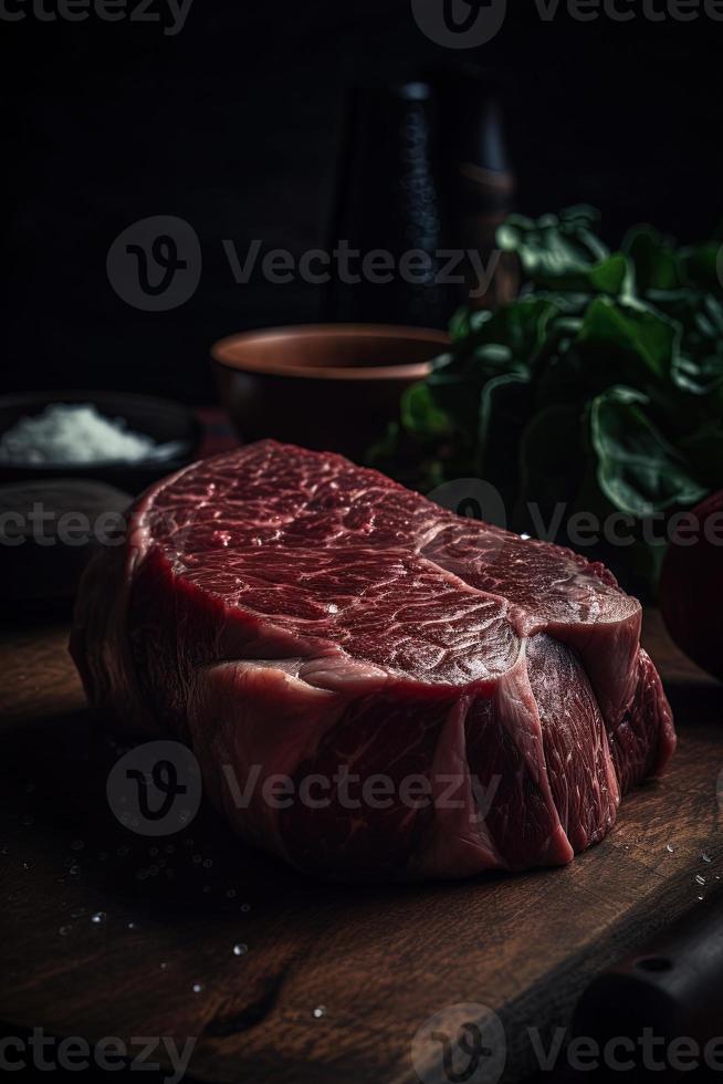 Raw beef steak on cutting board with herbs and spices on wooden background photo