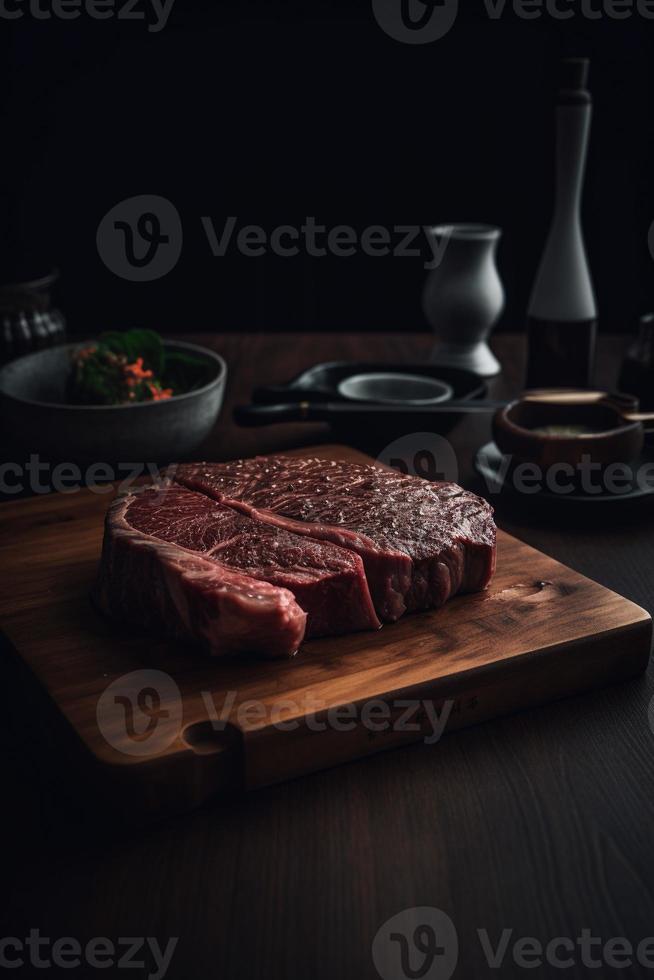 Raw beef steak on cutting board with herbs and spices on wooden background photo