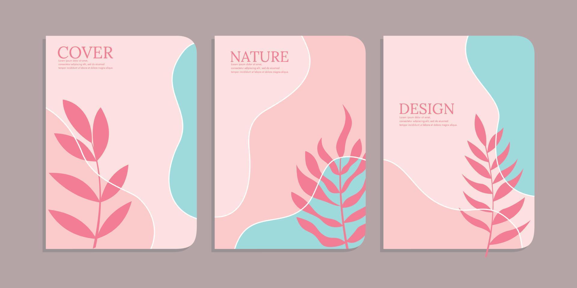 set of simple book cover templates with beautiful hand drawn floral decorations. abstract botanical background.size A4 For notebook, diaries, planner, school, brochure, book, catalog vector