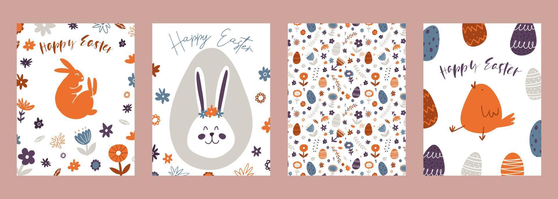 Set of Happy Easter greeting cards. Hand drawn colorful plants, bunny, chicken, eggs in modern minimalist style vector