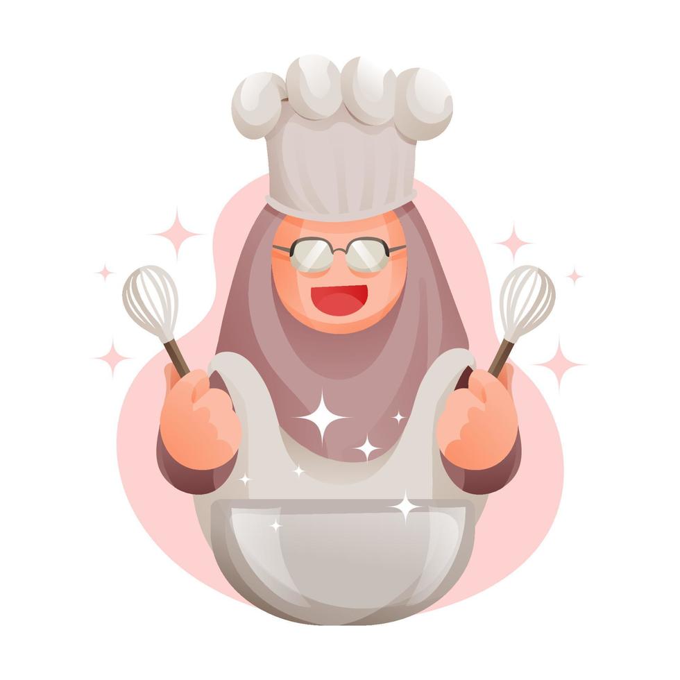 Muslim Woman Chef Mascot Wearing Appron Hold Cooking Whisks With Bowl vector