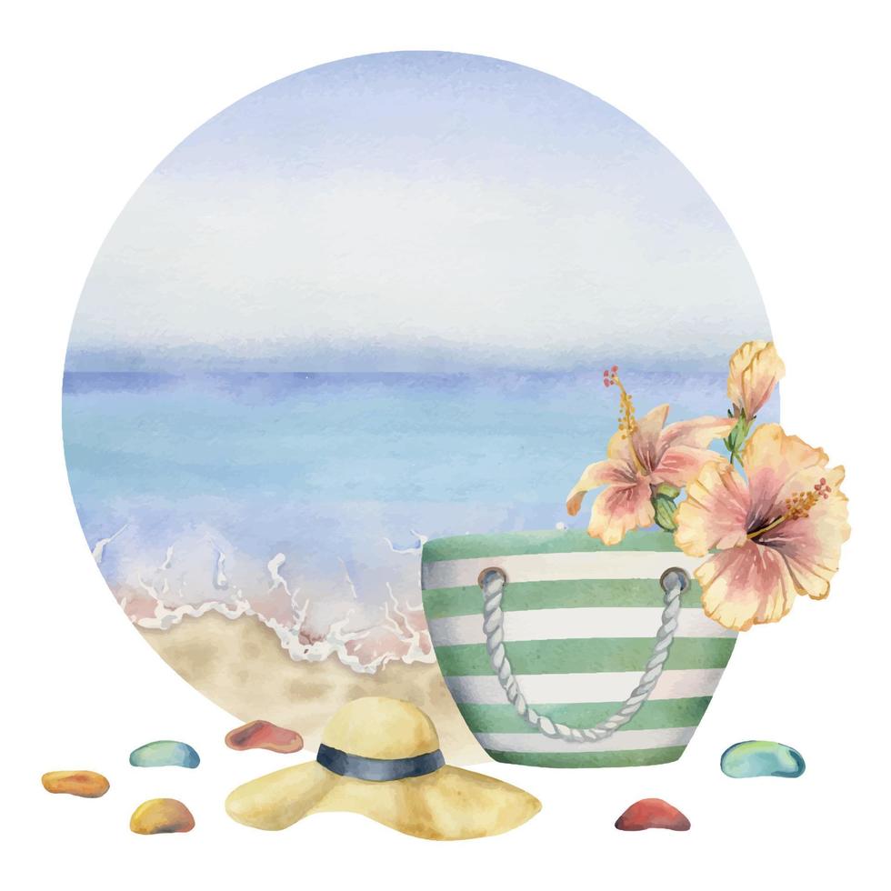 Hand drawn watercolor composition. Seascape with beach bag and hat, sea glass, hibiscus. Isolated on white background. Design wall art, wedding, print, fabric, cover, card, tourism, travel booklet. vector