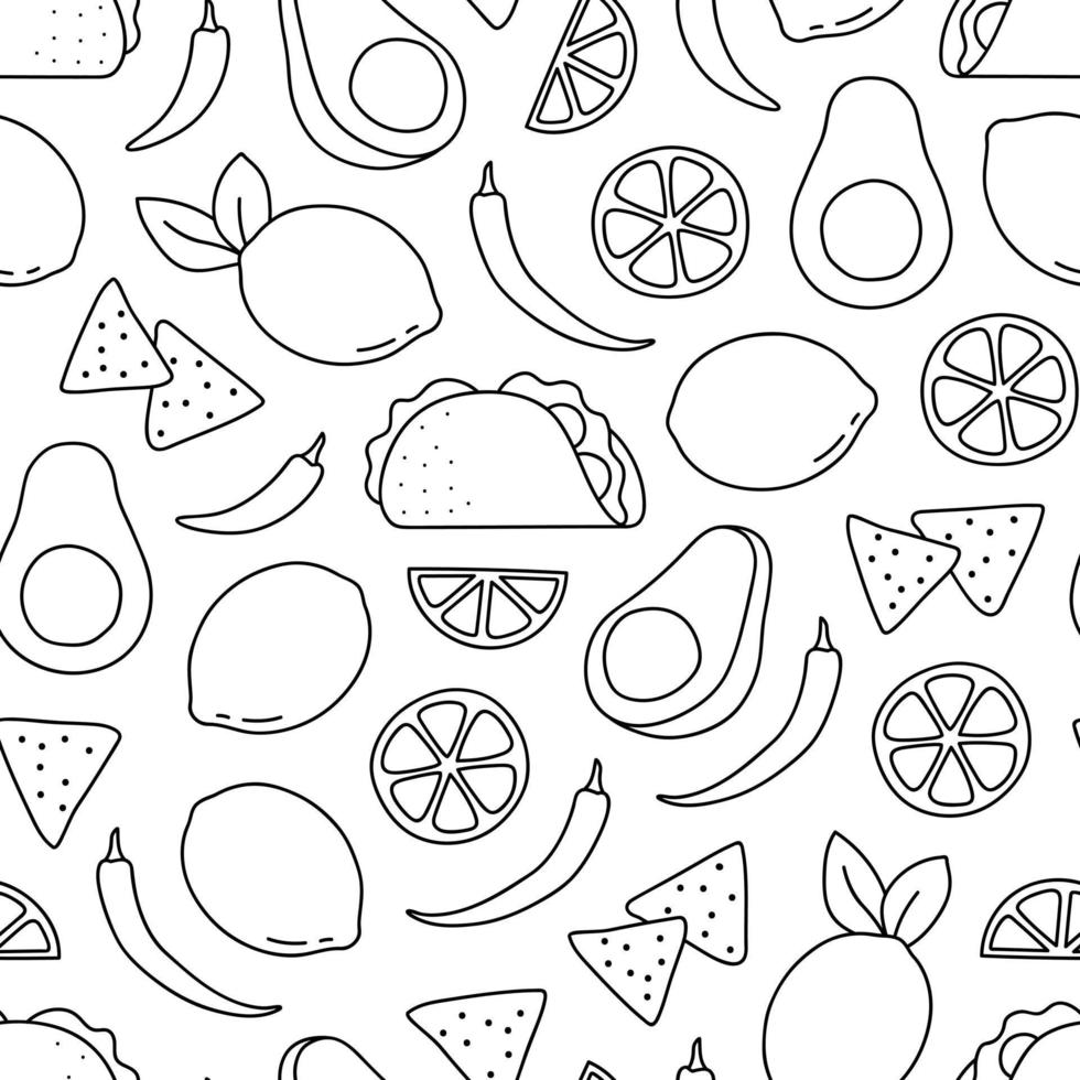 Black and white seamless pattern of Mexican food line doodle vector