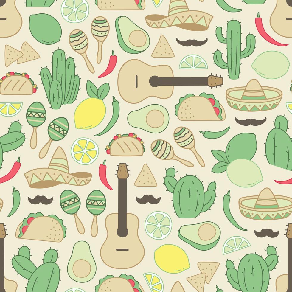 Colorful seamless pattern of Mexican flat icons vector