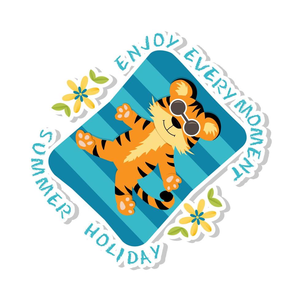 Sticker with symbol of the 2022 year. Cute little tiger sunbathing in the sun. vector