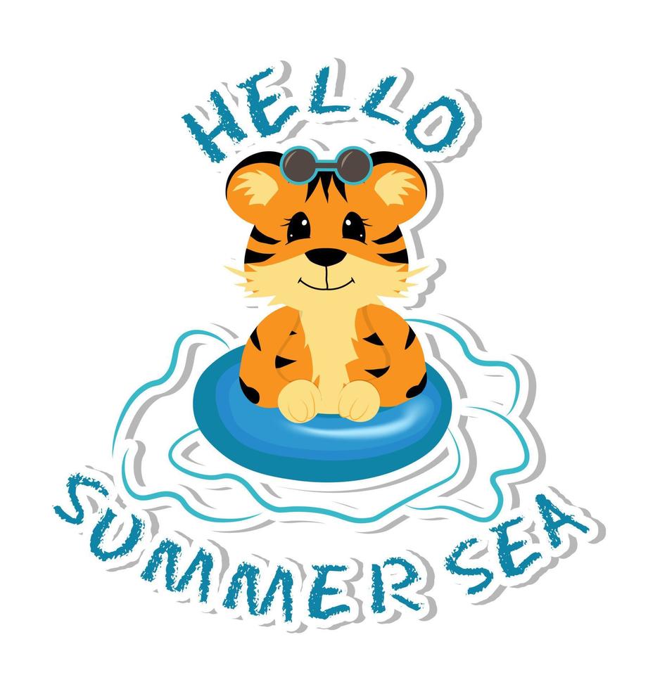 Sticker with cute little tiger swimming in the sea. vector