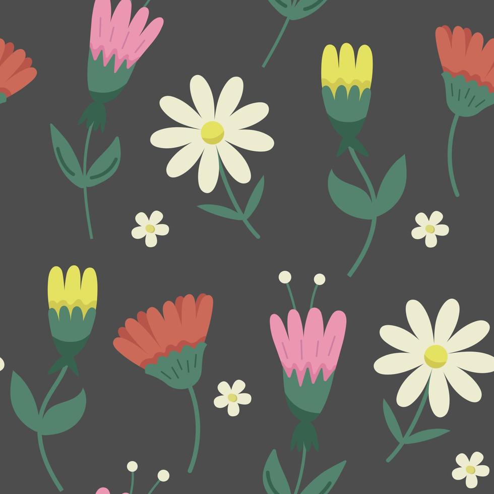 Floral Seamless Pattern with Different Multicolor flowers on dark background. Spring Background with Blossom Flowers for Fabric, Wallpaper, Posters, Banners. Vector cute illustration