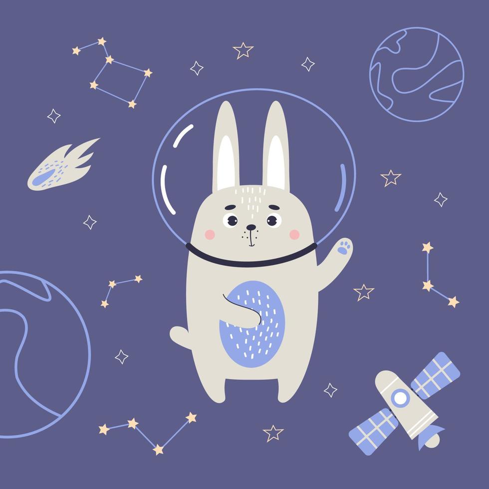 Cute astronaut rabbit in space on blue background with spaceship, stars, planets and meteorite. Vector illustration for baby collection, design, decor, cards and print.