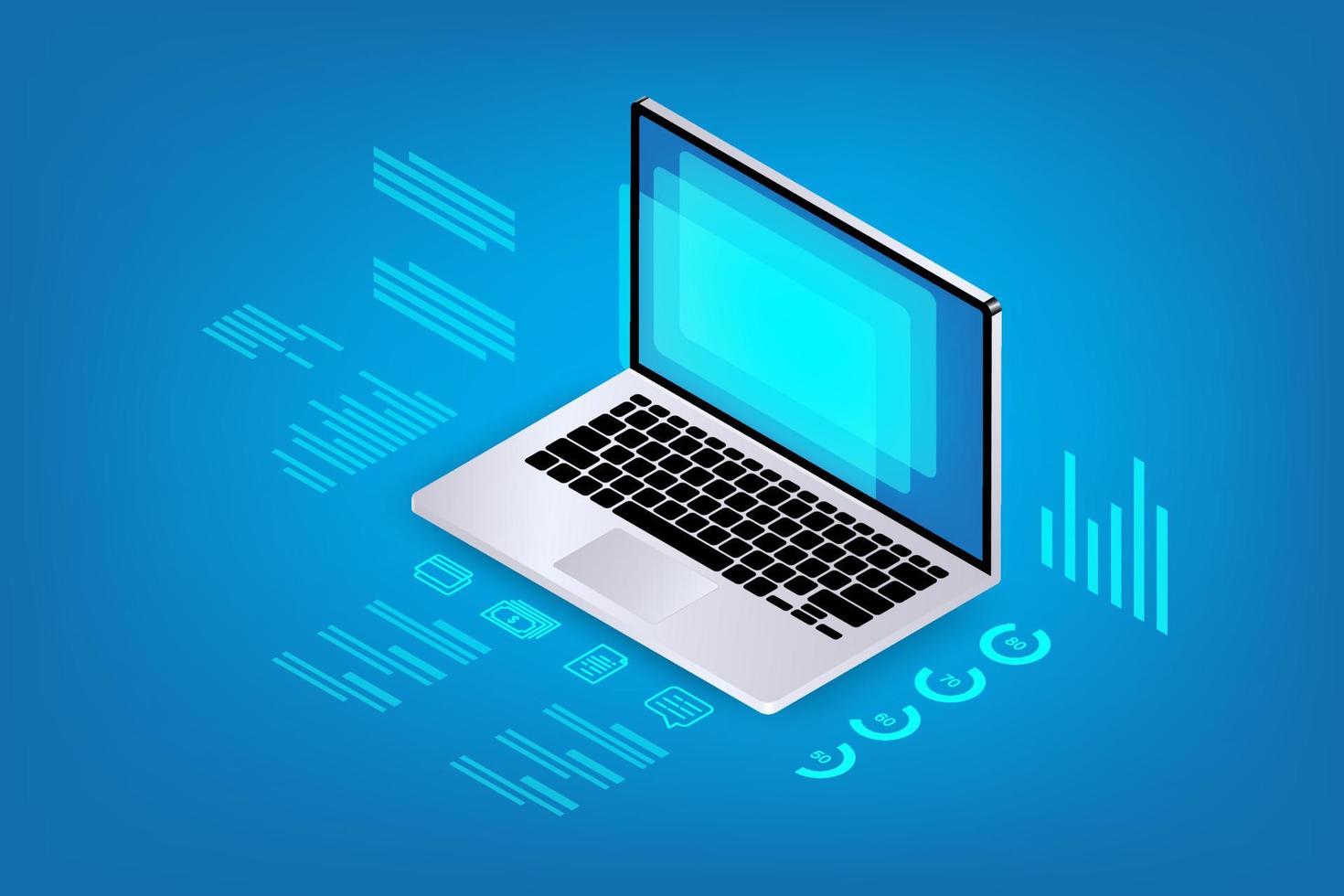 Vector isometric laptop storage concept Technology abstract background.
